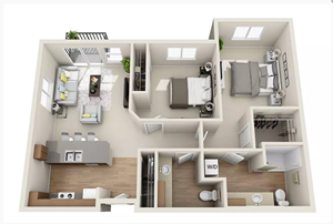 Floor plan for 2 beds, 1.5 baths, 1001 sqft